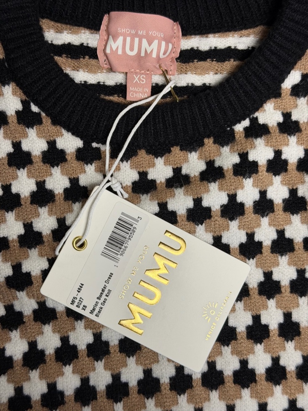 Show Me Your Mumu Black, Cream & Brown Houndstooth Knit Mini Sweater Dress - Picture 10 of 16